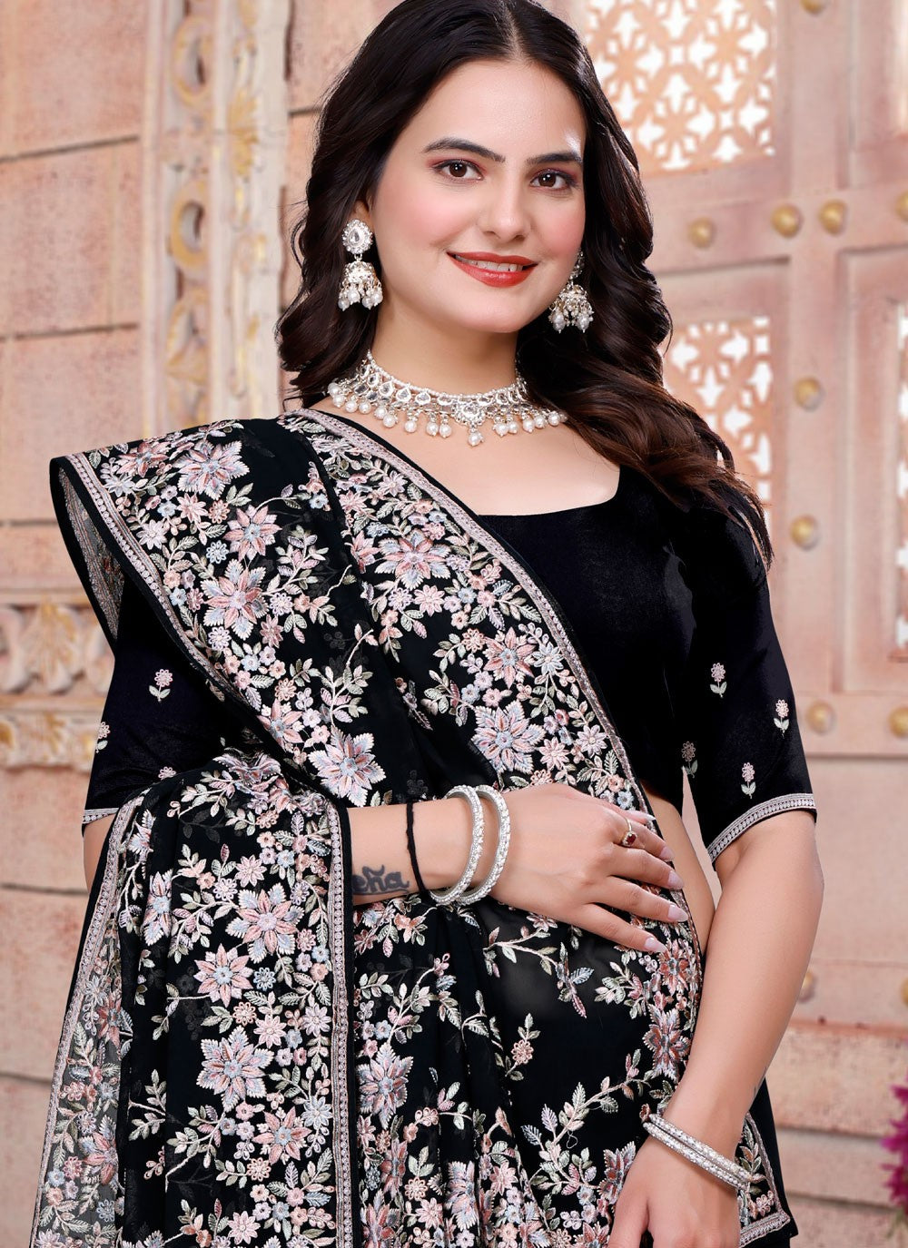 Embroidered Georgette Black Saree S14831