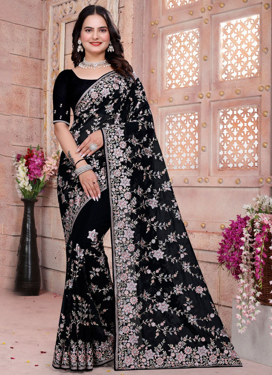 Embroidered Georgette Black Saree S14831