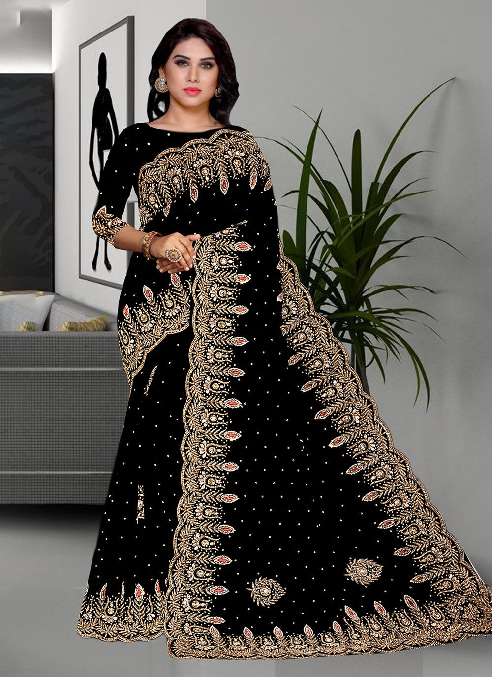 Trendy Embroidered Kanjivaram Silk Saree - S3435