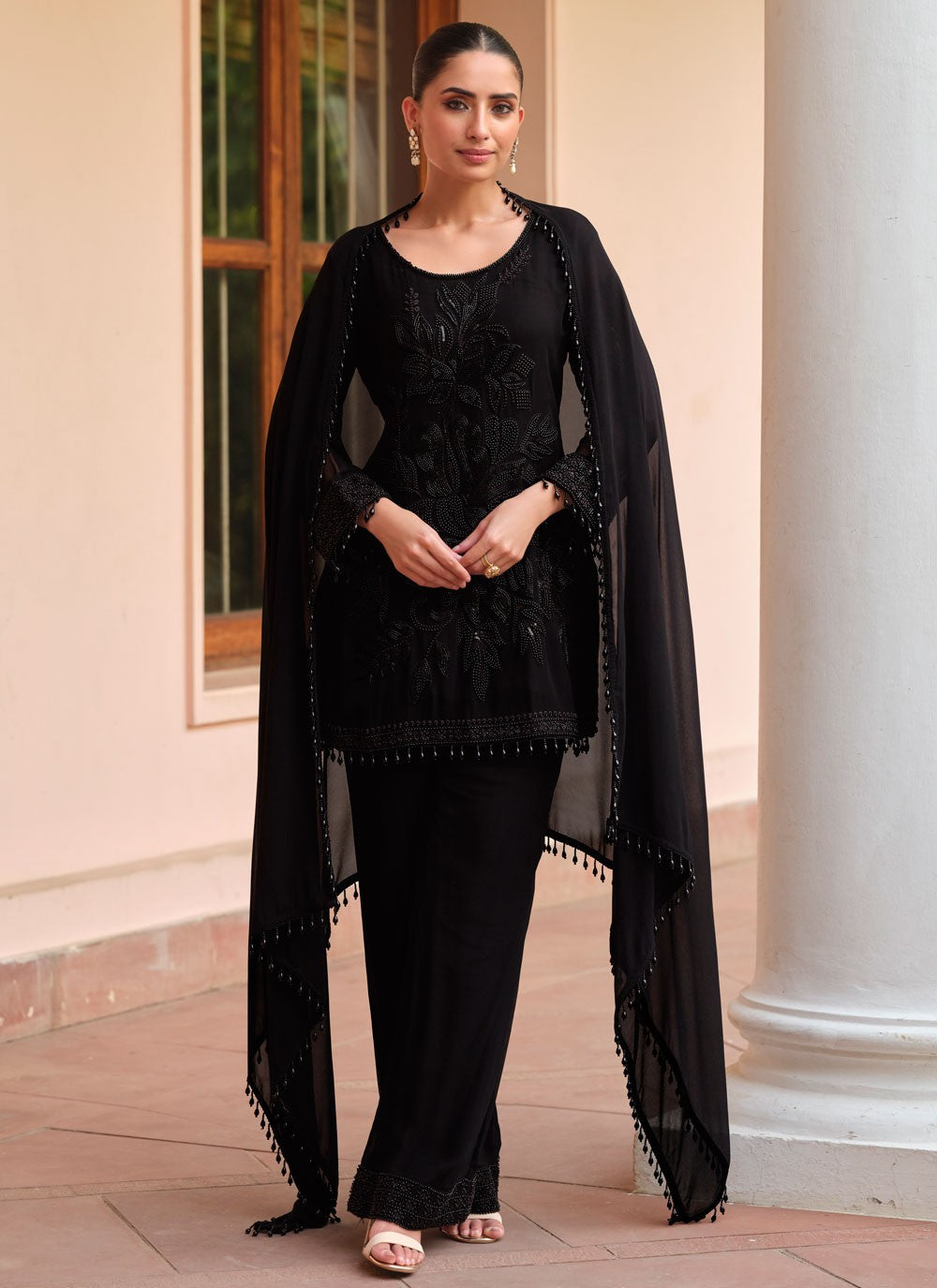 Pant Style Suit Embroidered Black T8927