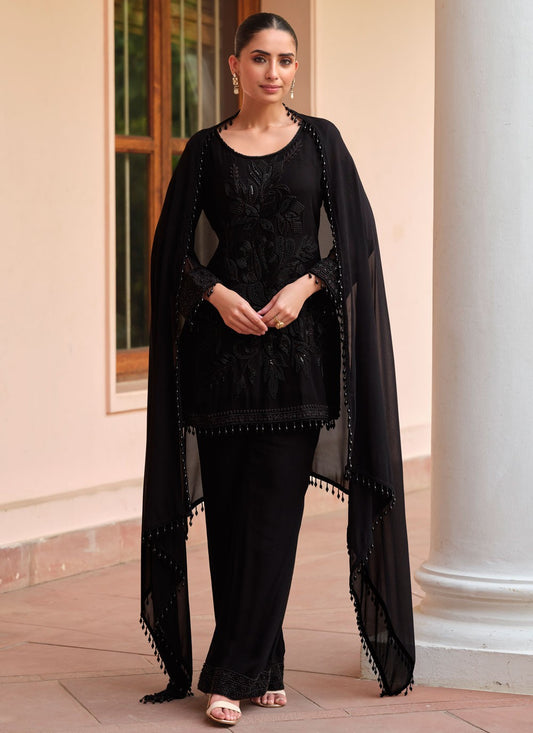 Pant Style Suit Embroidered Black T8927