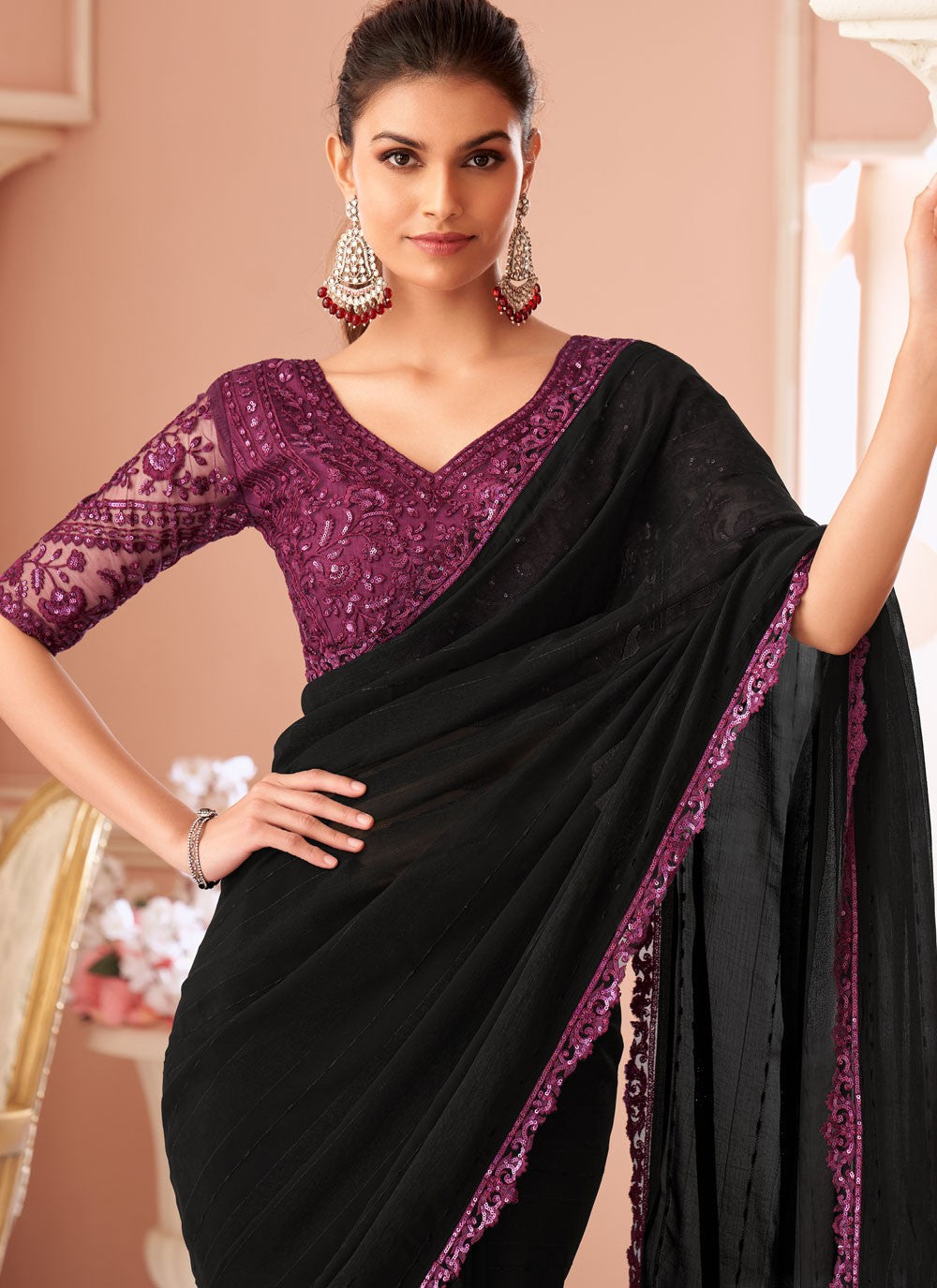 Designer Sequins Black Georgette Saree S13639