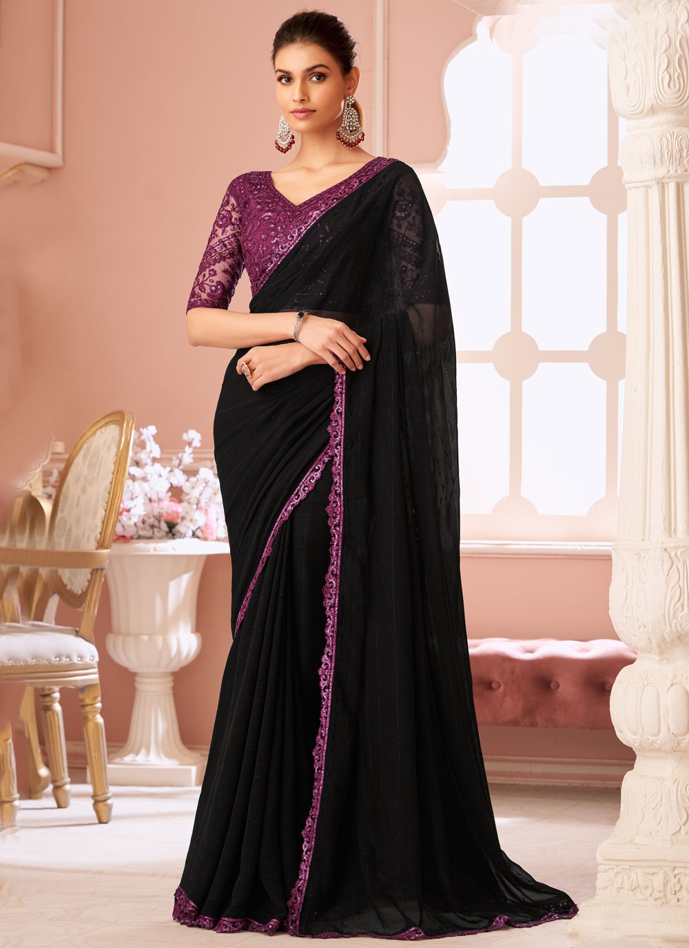 Designer Sequins Black Georgette Saree S13639