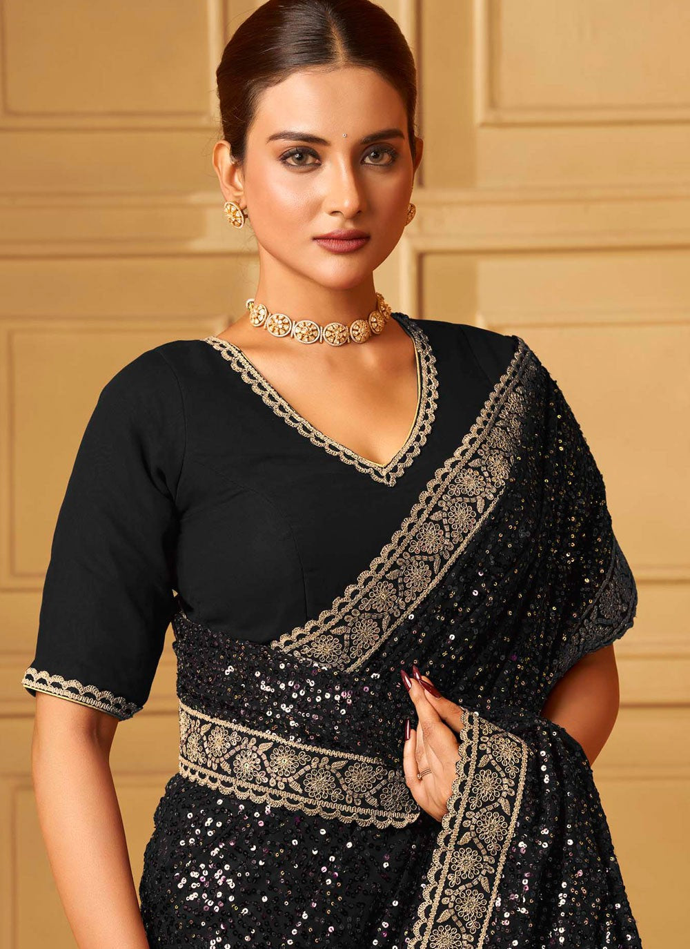 Black Georgette Designer Saree Cord, Embroidered, Sequins, Thread, Zari S19356
