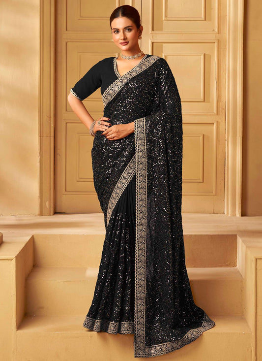 Black Georgette Designer Saree Cord, Embroidered, Sequins, Thread, Zari S19356