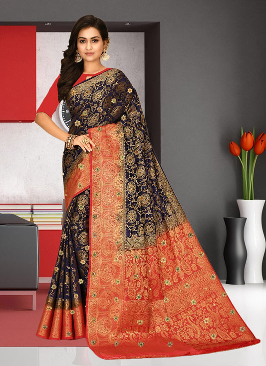 Hand Embroidery Kanjivaram Silk Black Saree S13771