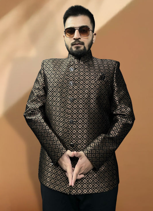 Woven Jacquard Black Coats & Blazers - M5573