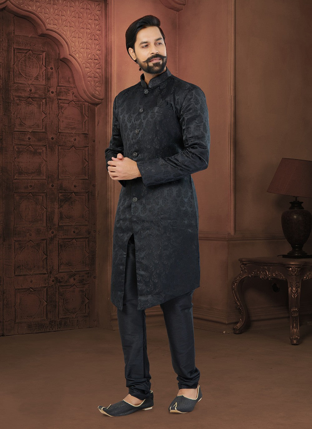 Fancy Work Jacquard Black Indo Western Sherwani - M5807