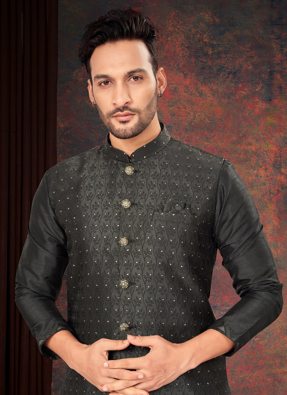 Fancy Work Jacquard Black Kurta Payjama With Jacket - M7180