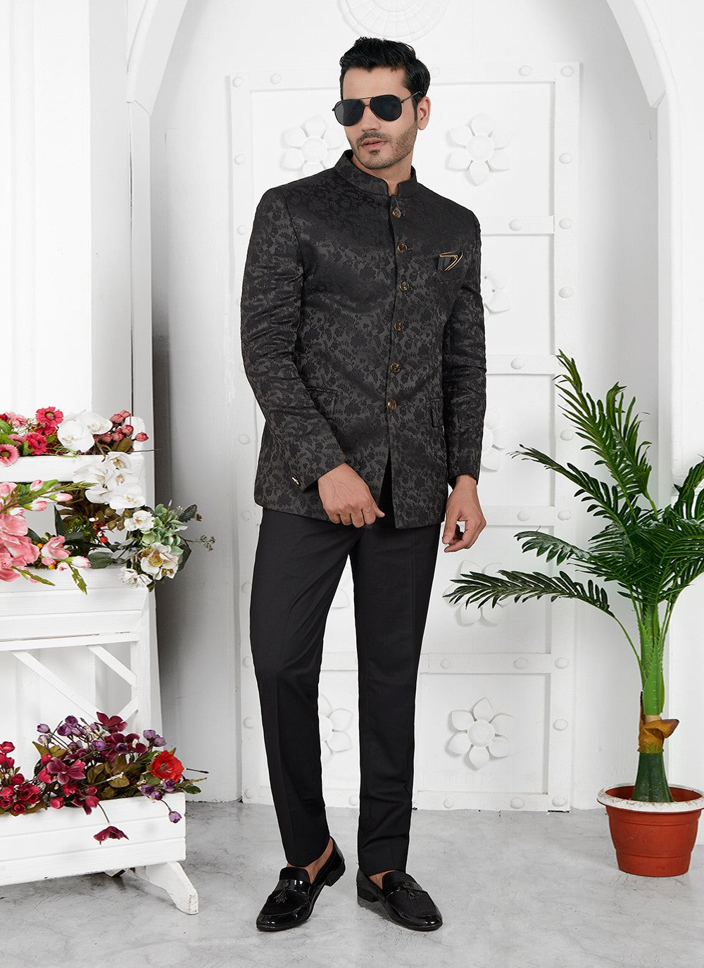 Buttons Jacquard Silk Black Jacket Style - M6653