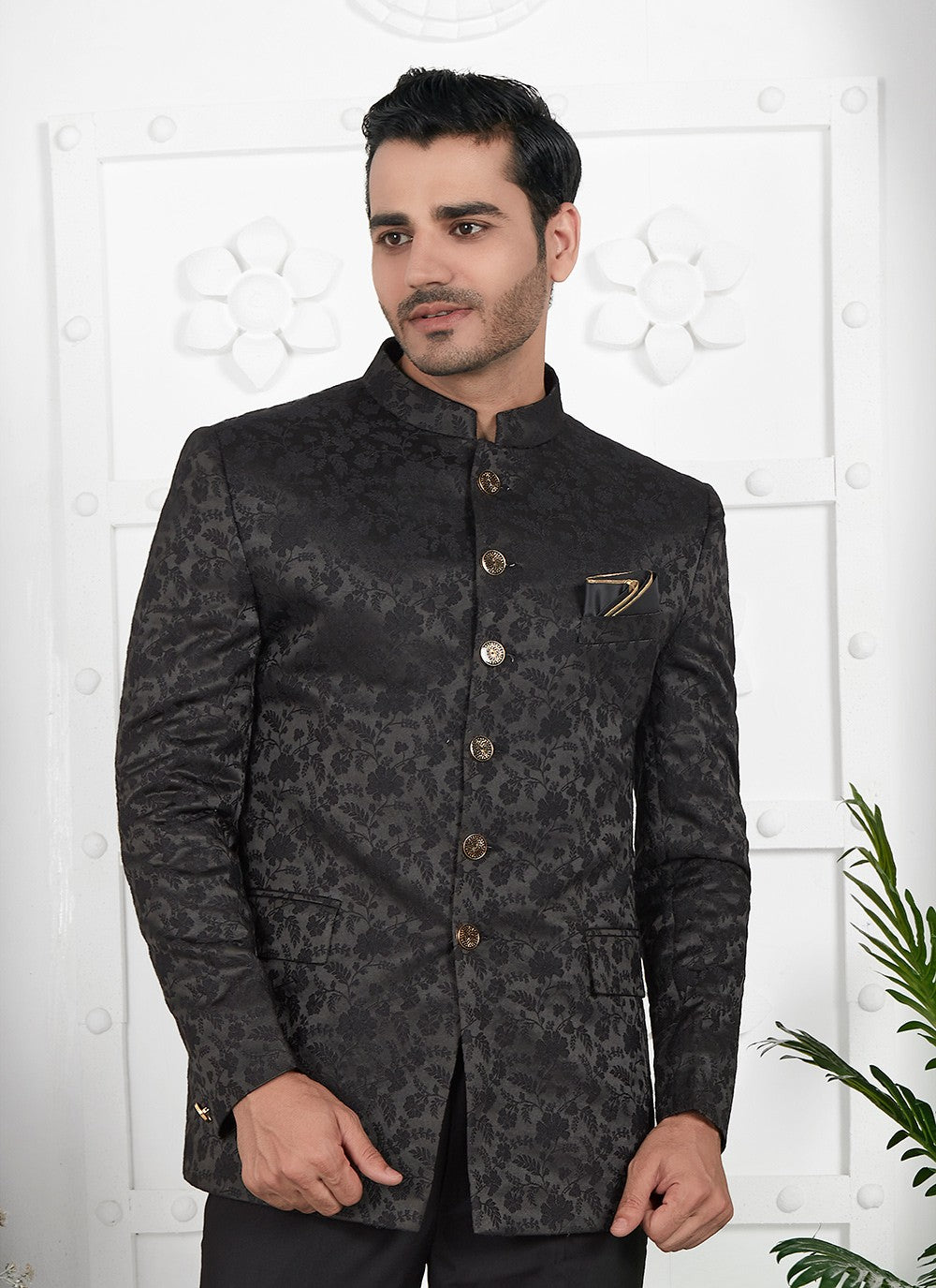 Buttons Jacquard Silk Black Jacket Style - M6653