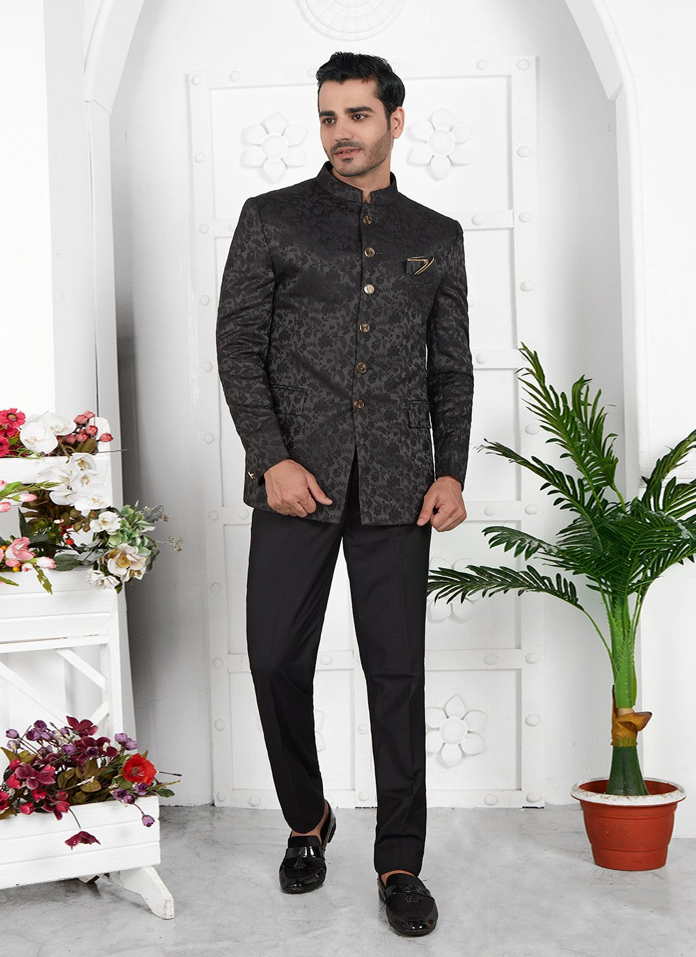 Buttons Jacquard Silk Black Jacket Style - M6653