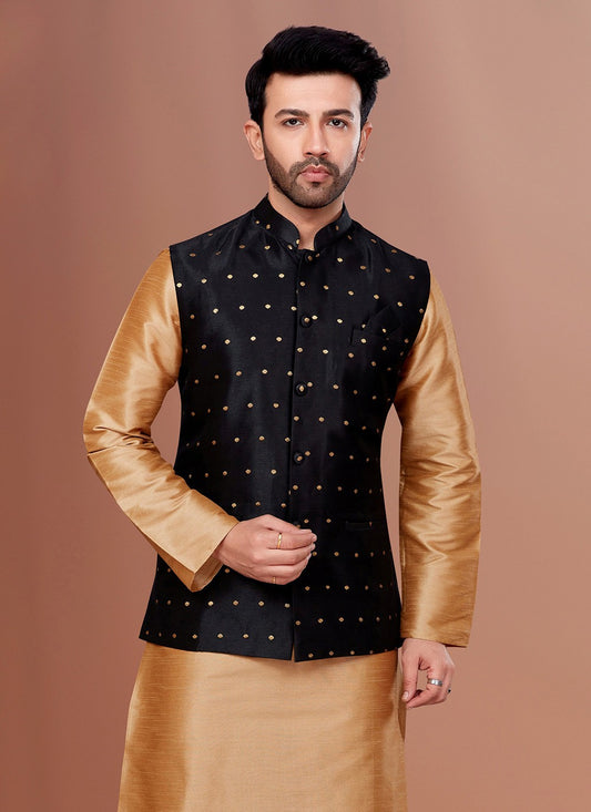 Jacquard Work Jacquard Silk Black Nehru Jackets - M7371