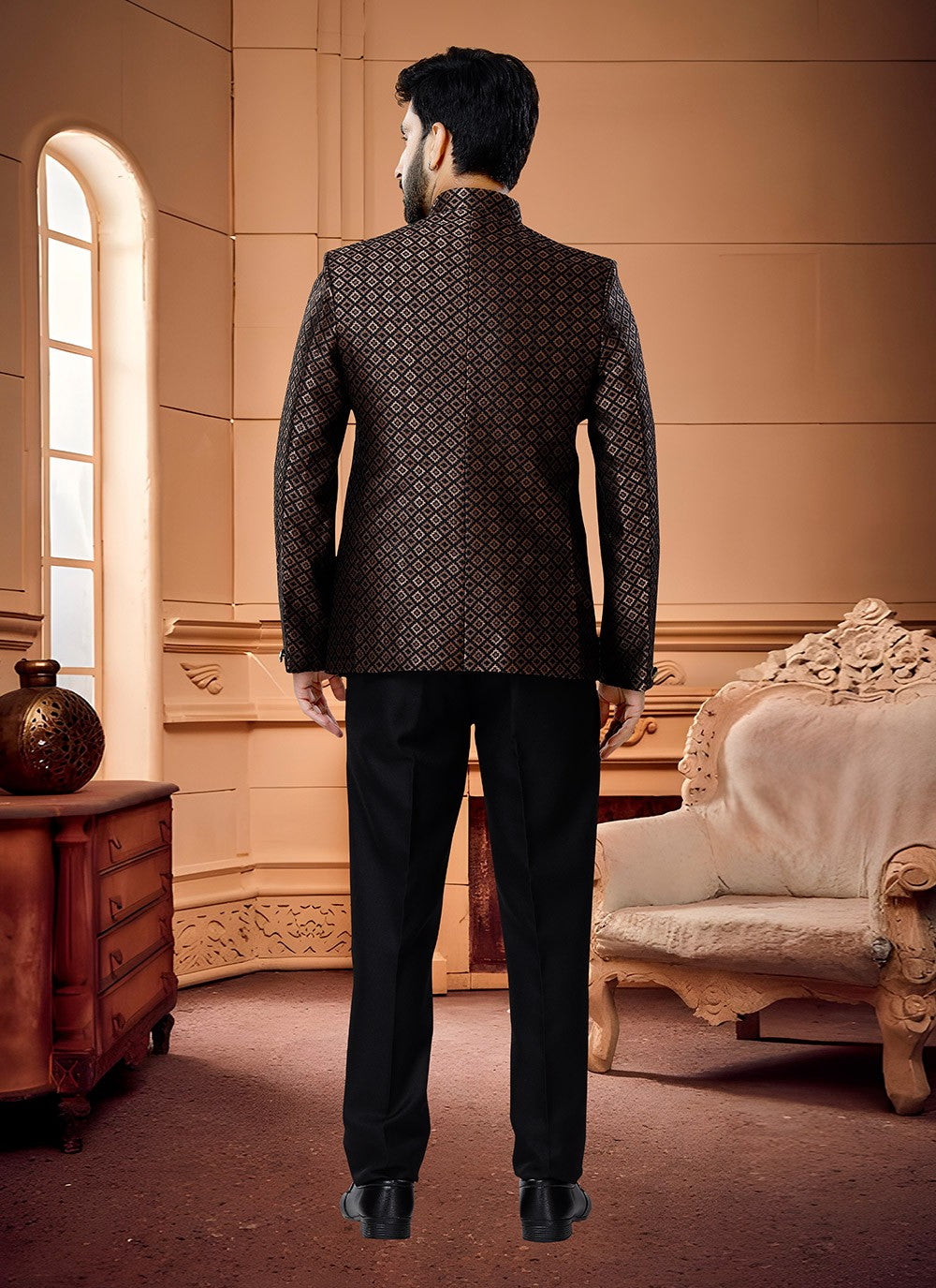 Thread Jacquard Black Jodhpuri Suit - M4341