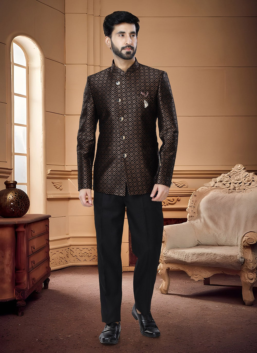 Thread Jacquard Black Jodhpuri Suit - M4341