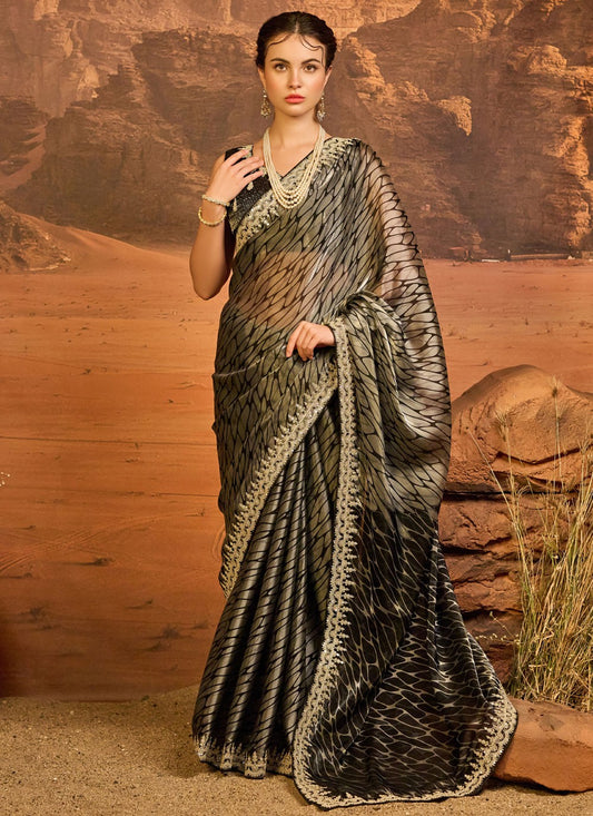 Black Jimmy Chu Contemporary Saree Border Work, Embroidered, Zari S18503