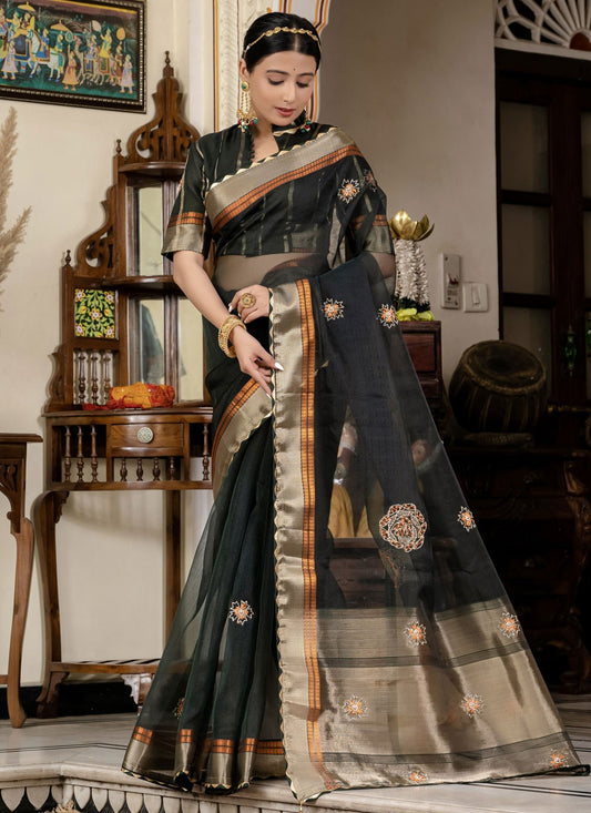 Black Linen Traditional Saree Cutdana, Woven, Zari S15720