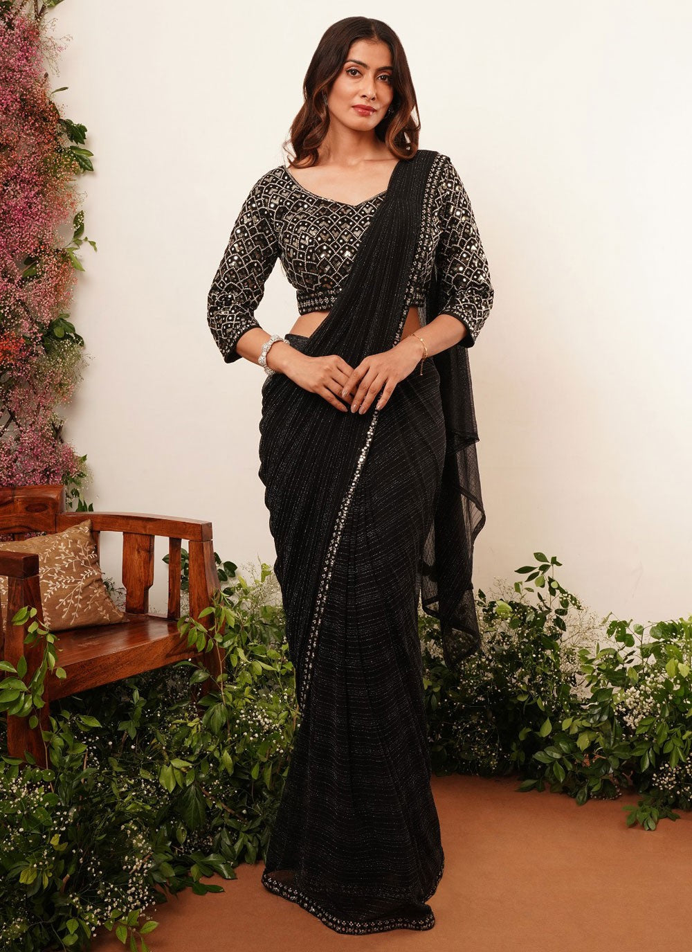 Traditional Embroidered Black Lycra Saree S12605