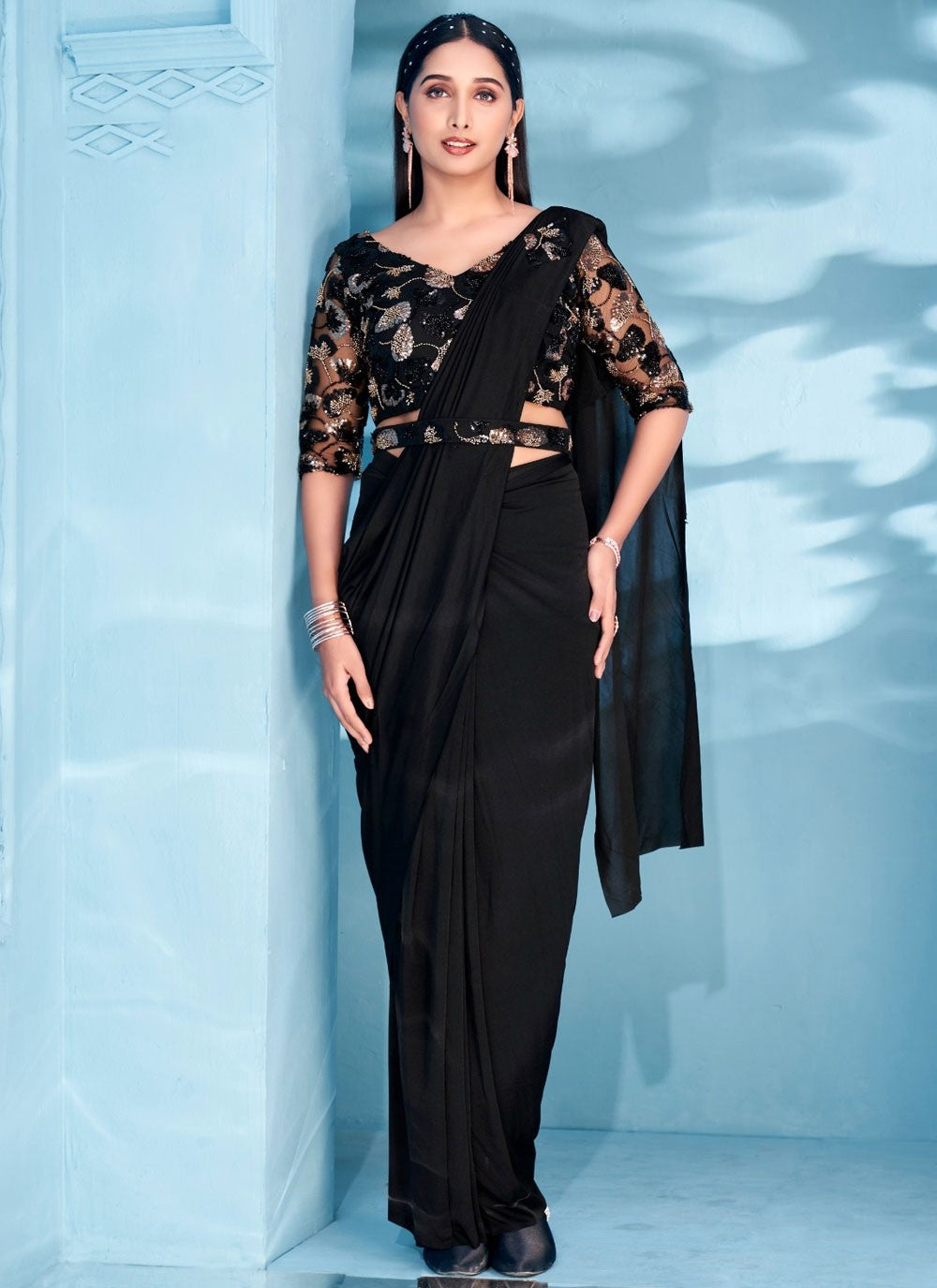Classic Saree Plain Black Lycra S12876