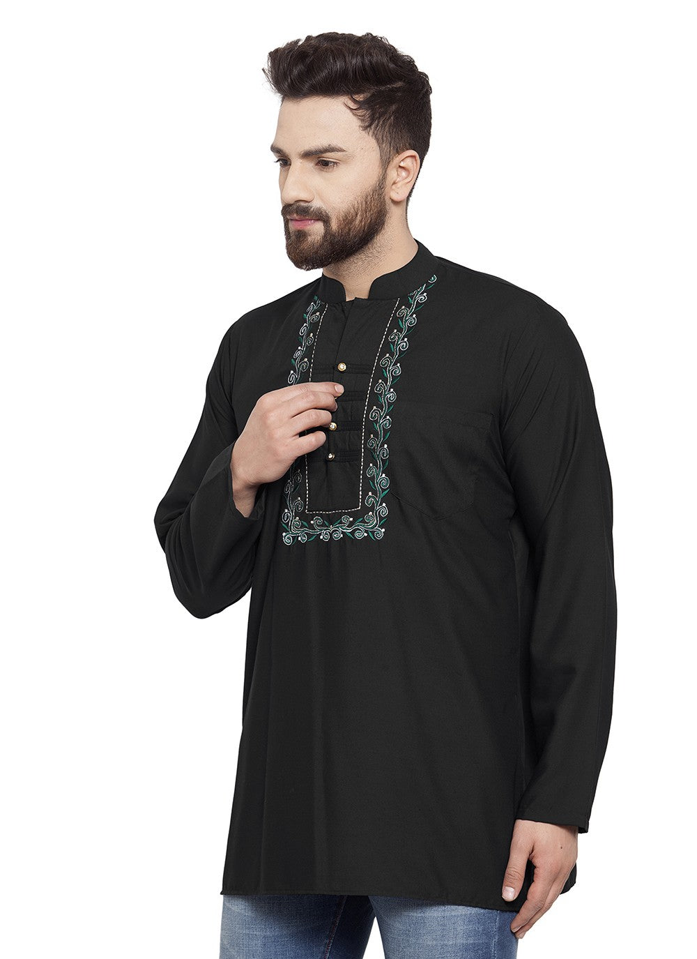 Machine Embroidery Blended Cotton Black Short Kurta - M5723