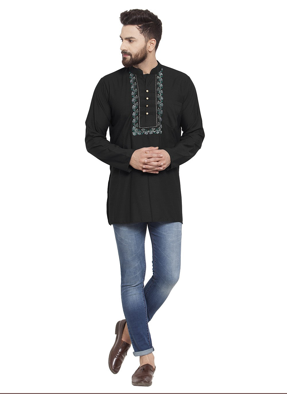 Machine Embroidery Blended Cotton Black Short Kurta - M5723