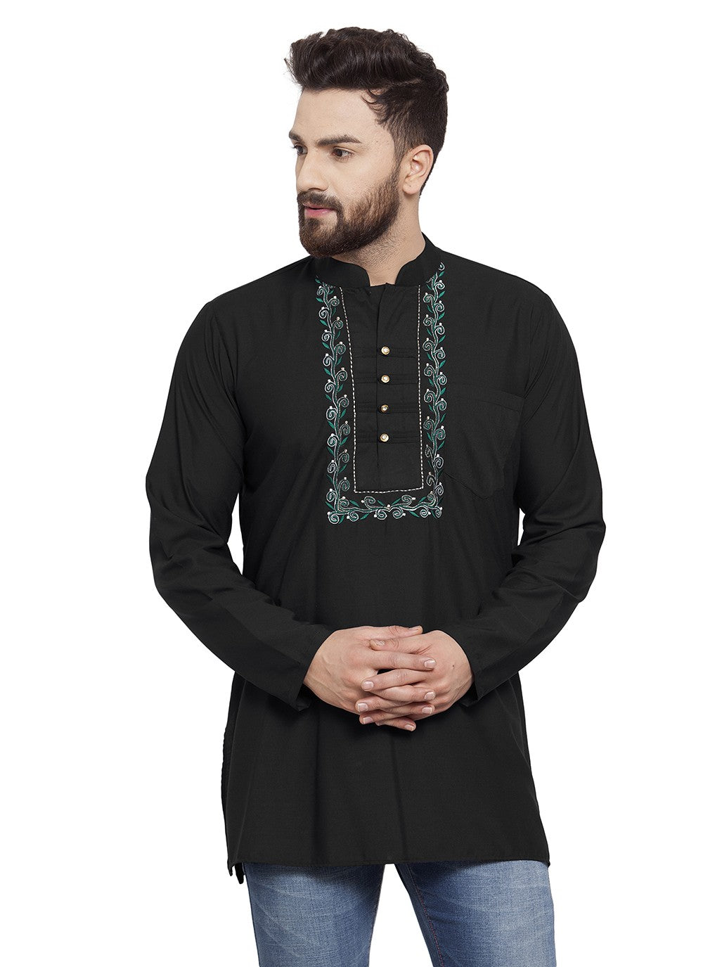 Machine Embroidery Blended Cotton Black Short Kurta - M5723