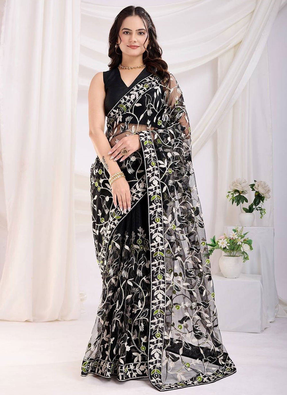 Classic Saree Chikankari Work Black Net Saree S13068