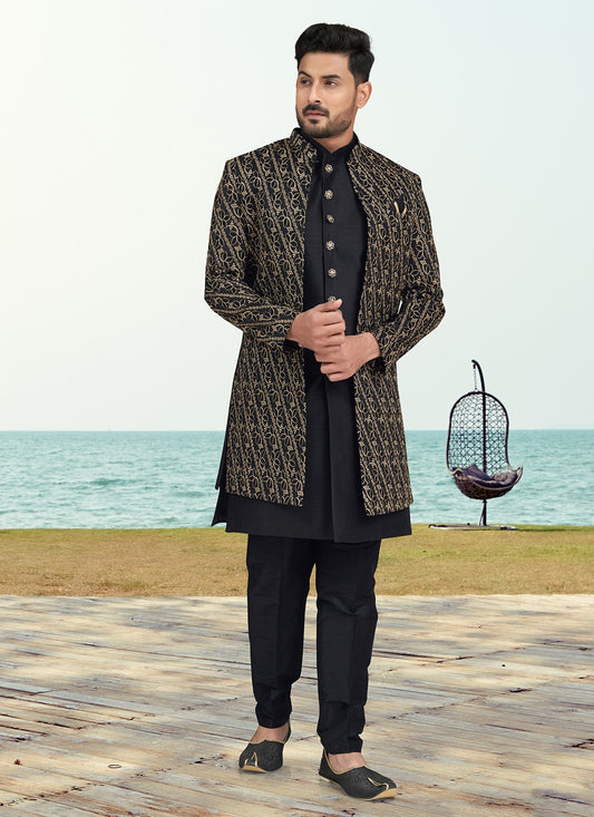 Machine Embroidery Banarasi Silk Black Sherwani - M6767