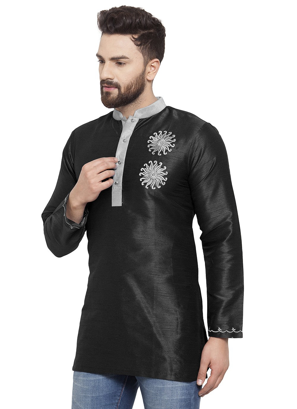 Machine Embroidery Dupion Silk Black Short Kurta - M5716
