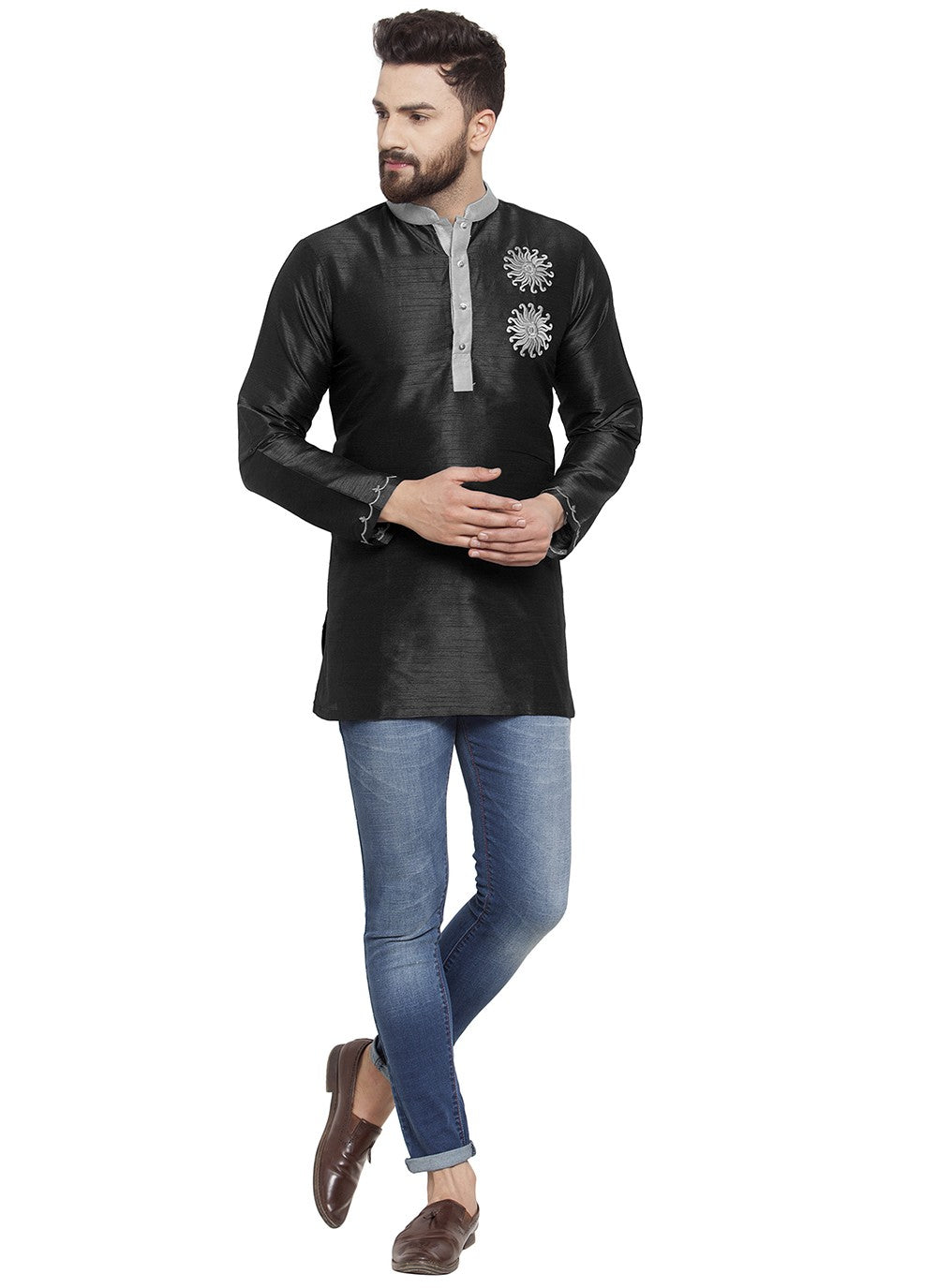 Machine Embroidery Dupion Silk Black Short Kurta - M5716
