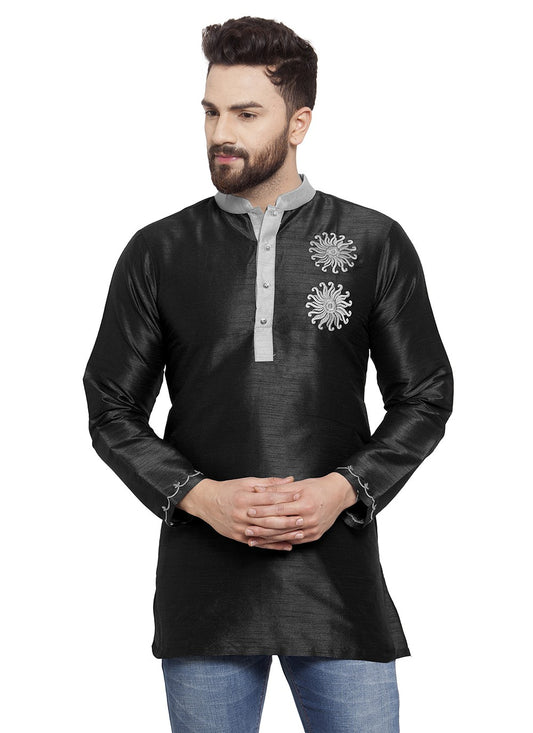 Machine Embroidery Dupion Silk Black Short Kurta - M5716
