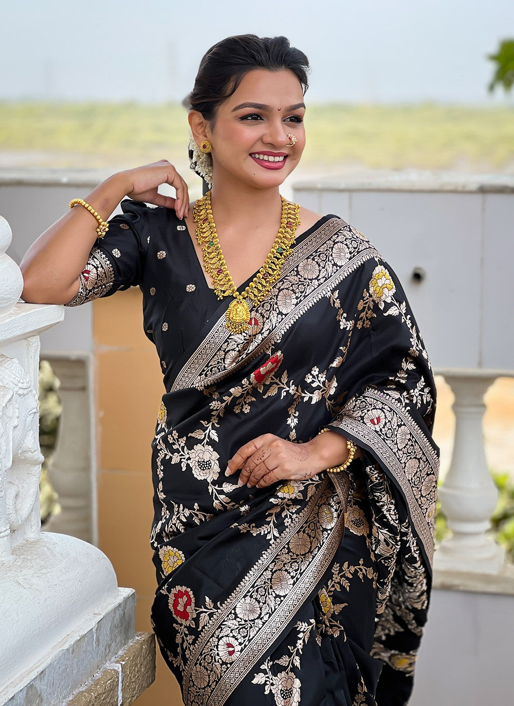 Black Banarasi Silk Trendy Saree Meenakari S16322