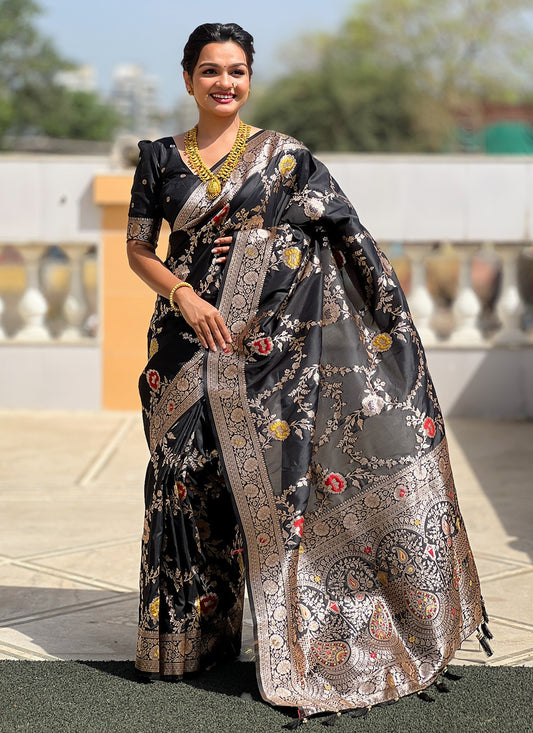 Black Banarasi Silk Trendy Saree Meenakari S16322