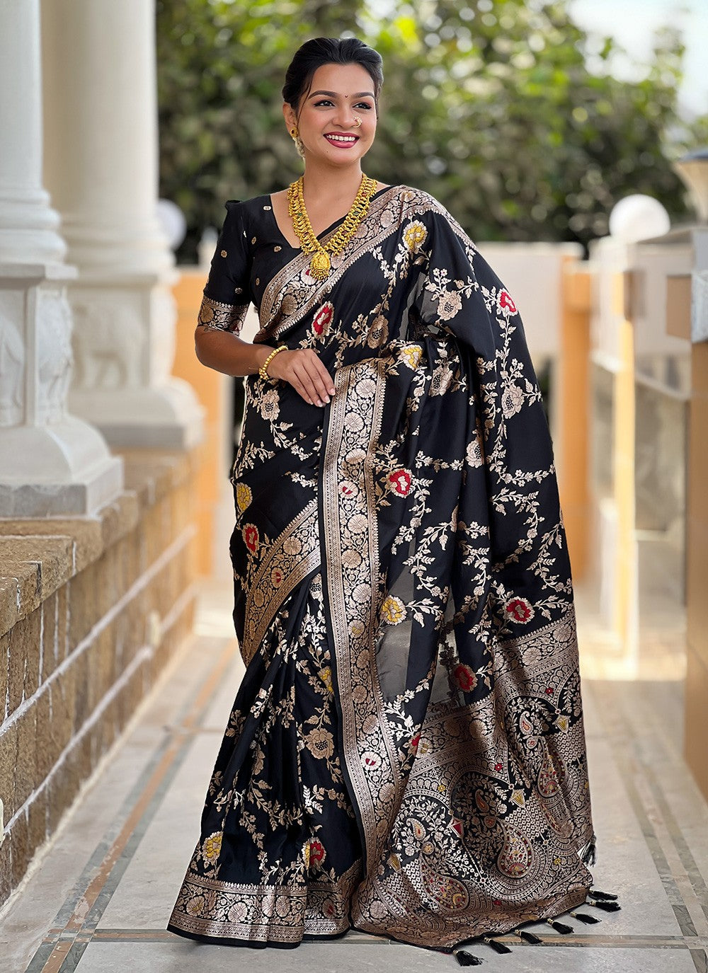 Black Banarasi Silk Trendy Saree Meenakari S16322