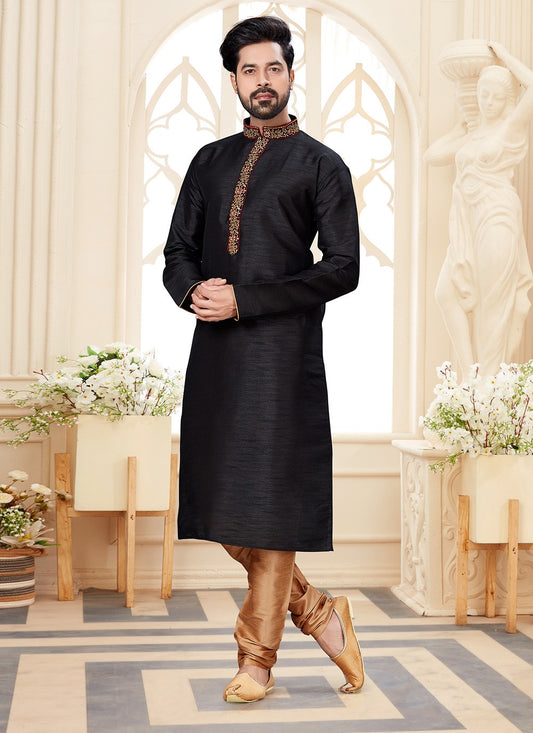 Embroidered Dupion Silk Black Kurta - M5587