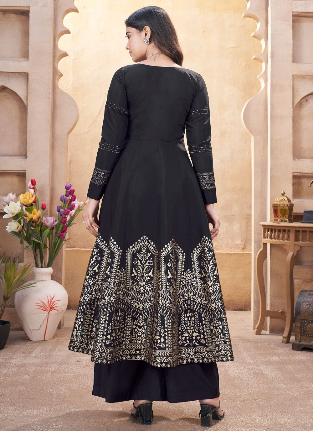 Salwar Suit Foliage Prints Black Silk T5471