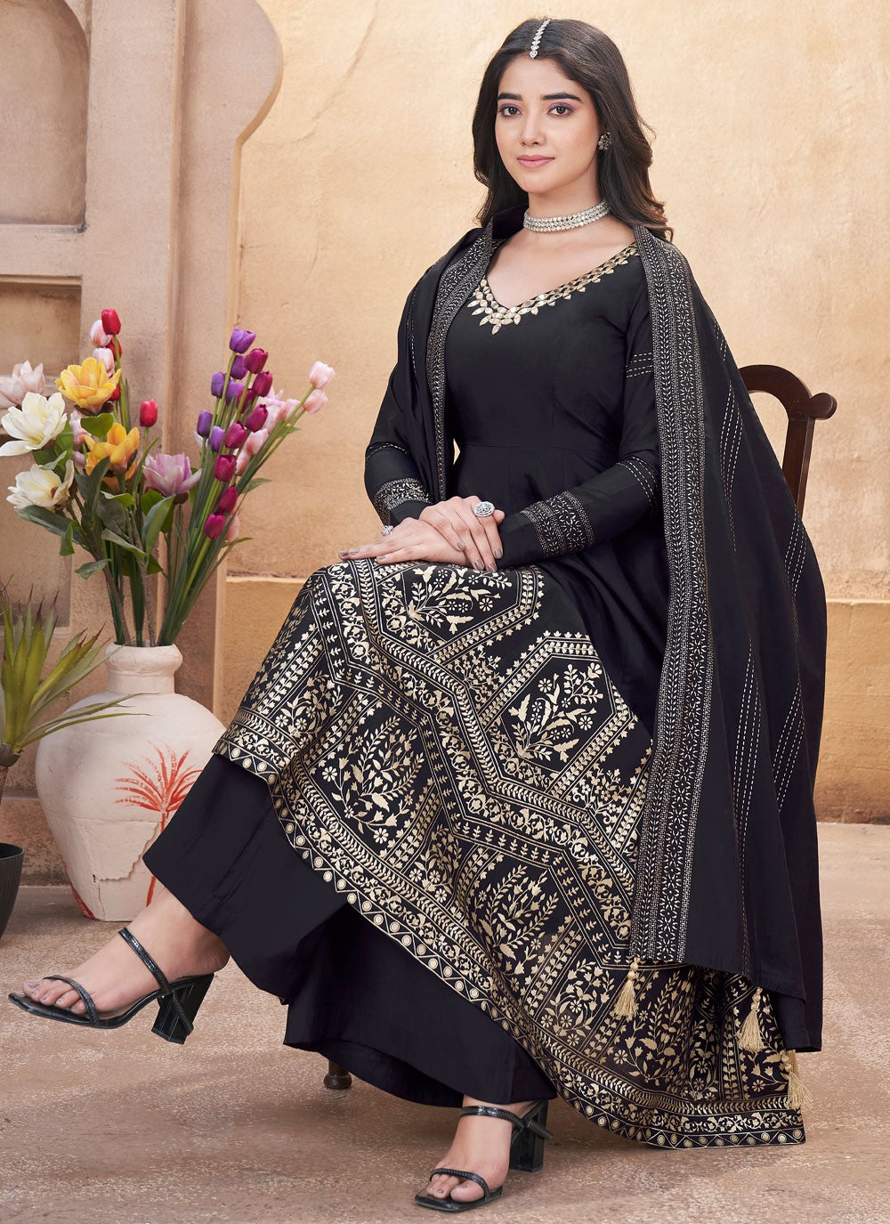 Salwar Suit Foliage Prints Black Silk T5471