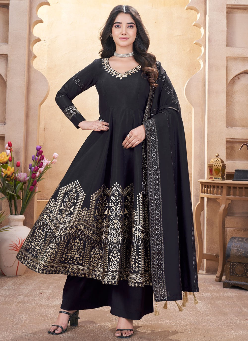 Salwar Suit Foliage Prints Black Silk T5471