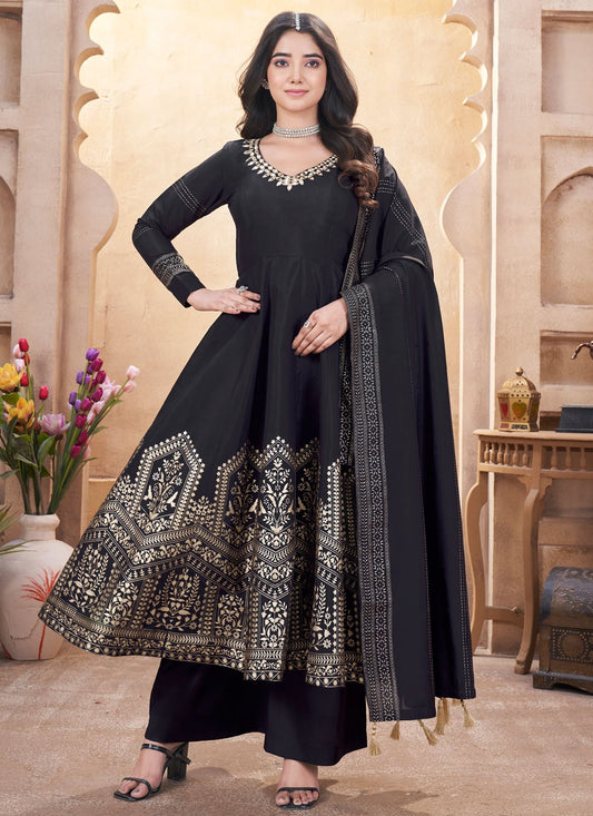 Salwar Suit Foliage Prints Black Silk T5471