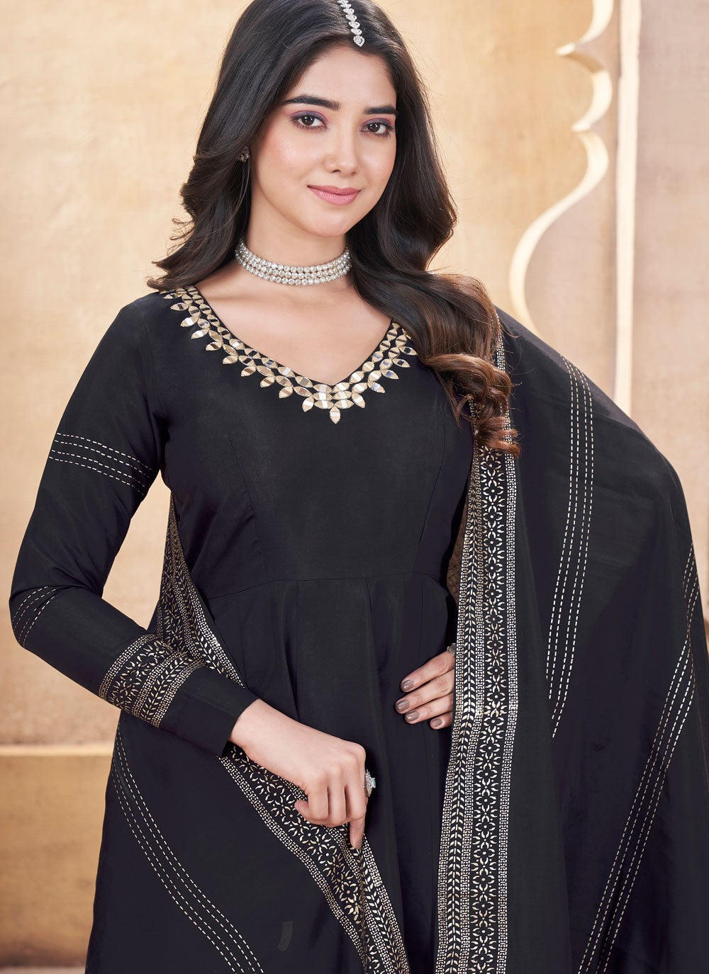 Salwar Suit Foliage Prints Black Silk T5471