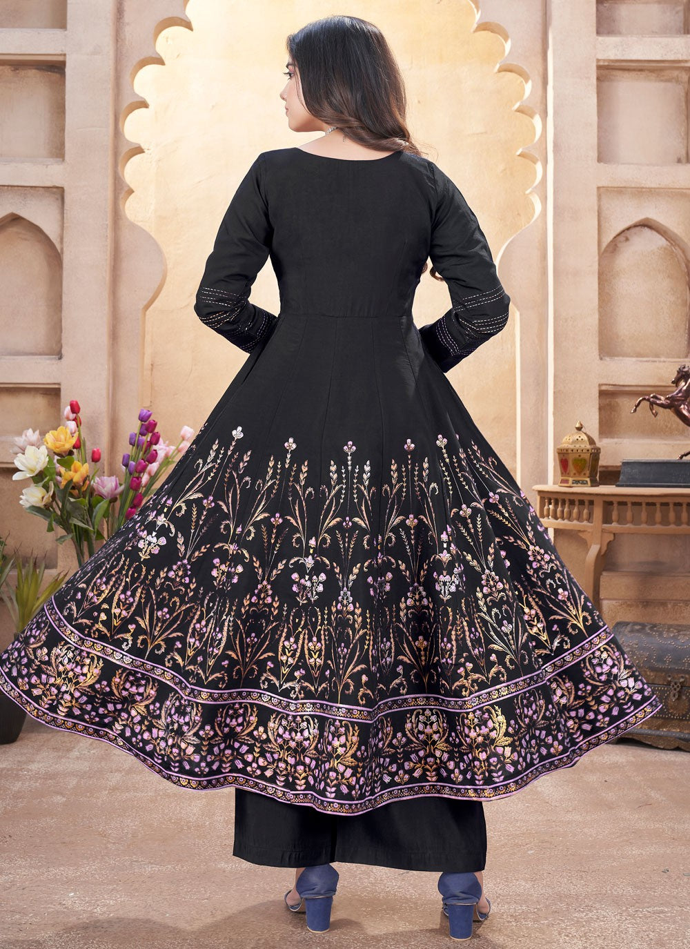 Salwar Suit Foliage Prints Black Silk T5606