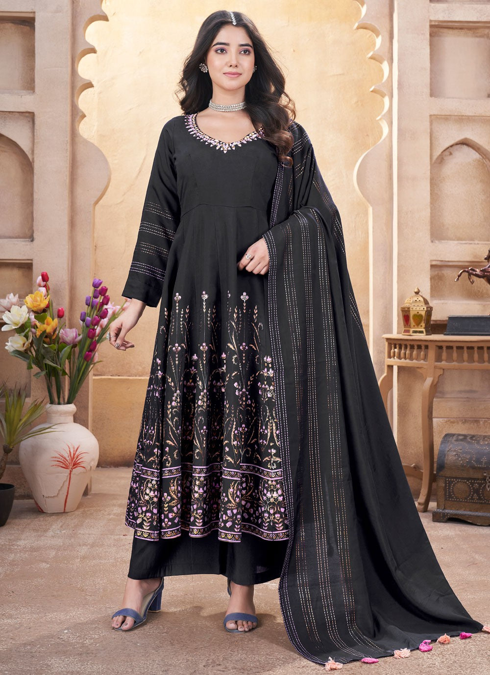 Salwar Suit Foliage Prints Black Silk T5606