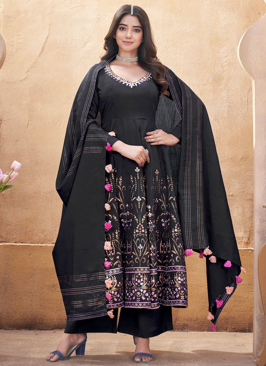 Salwar Suit Foliage Prints Black Silk T5606