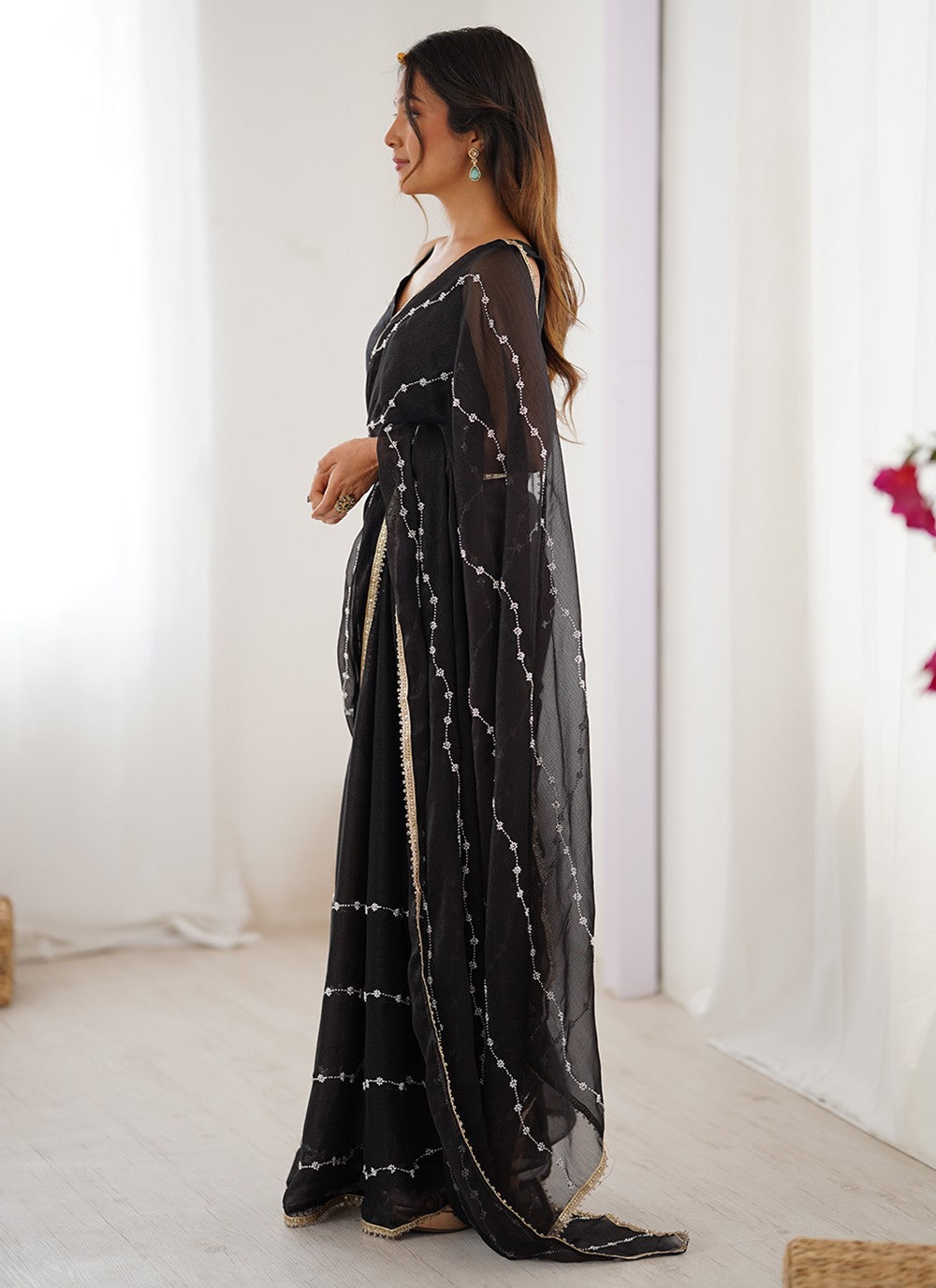 Black Chiffon Classic Saree Beads, Lace, Moti S16280