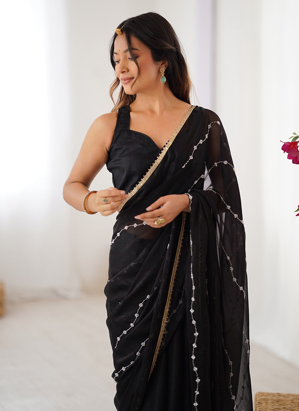 Black Chiffon Classic Saree Beads, Lace, Moti S16280