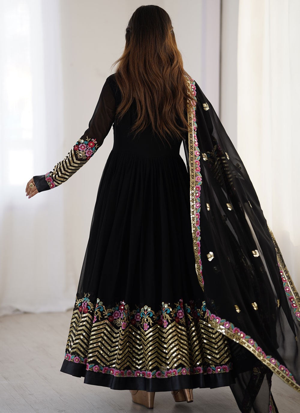 Anarkali Embroidered, Multi Work, Sequins, Thread Black T8309
