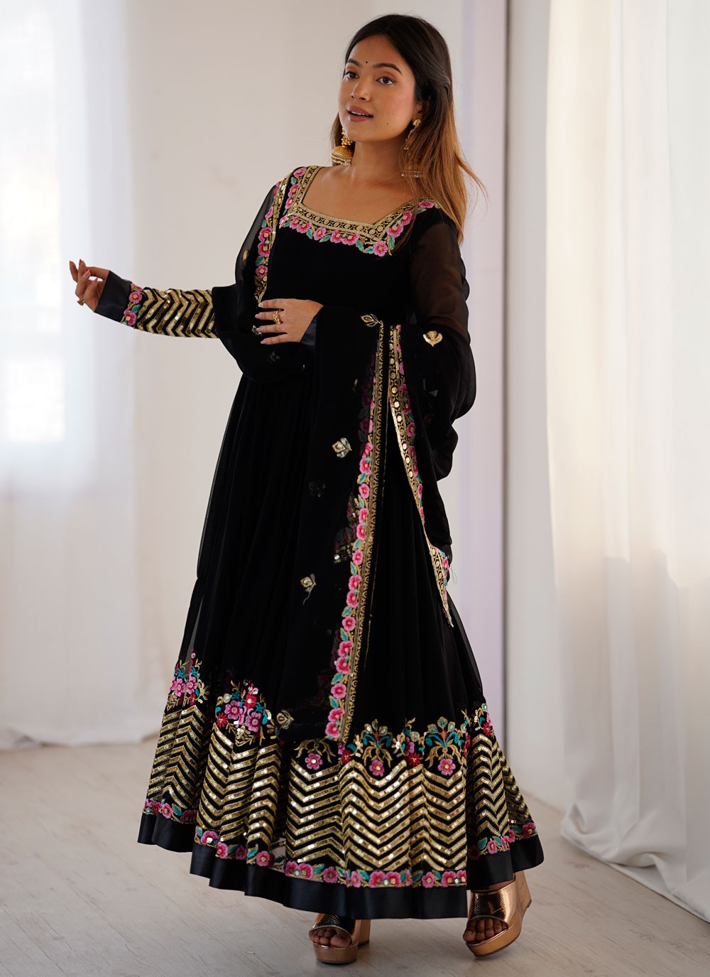 Anarkali Embroidered, Multi Work, Sequins, Thread Black T8309