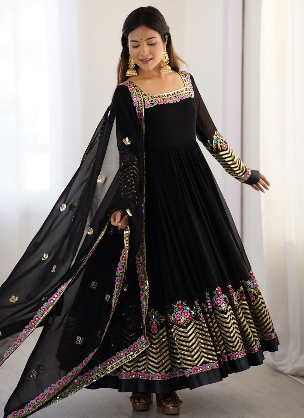 Anarkali Embroidered, Multi Work, Sequins, Thread Black T8309