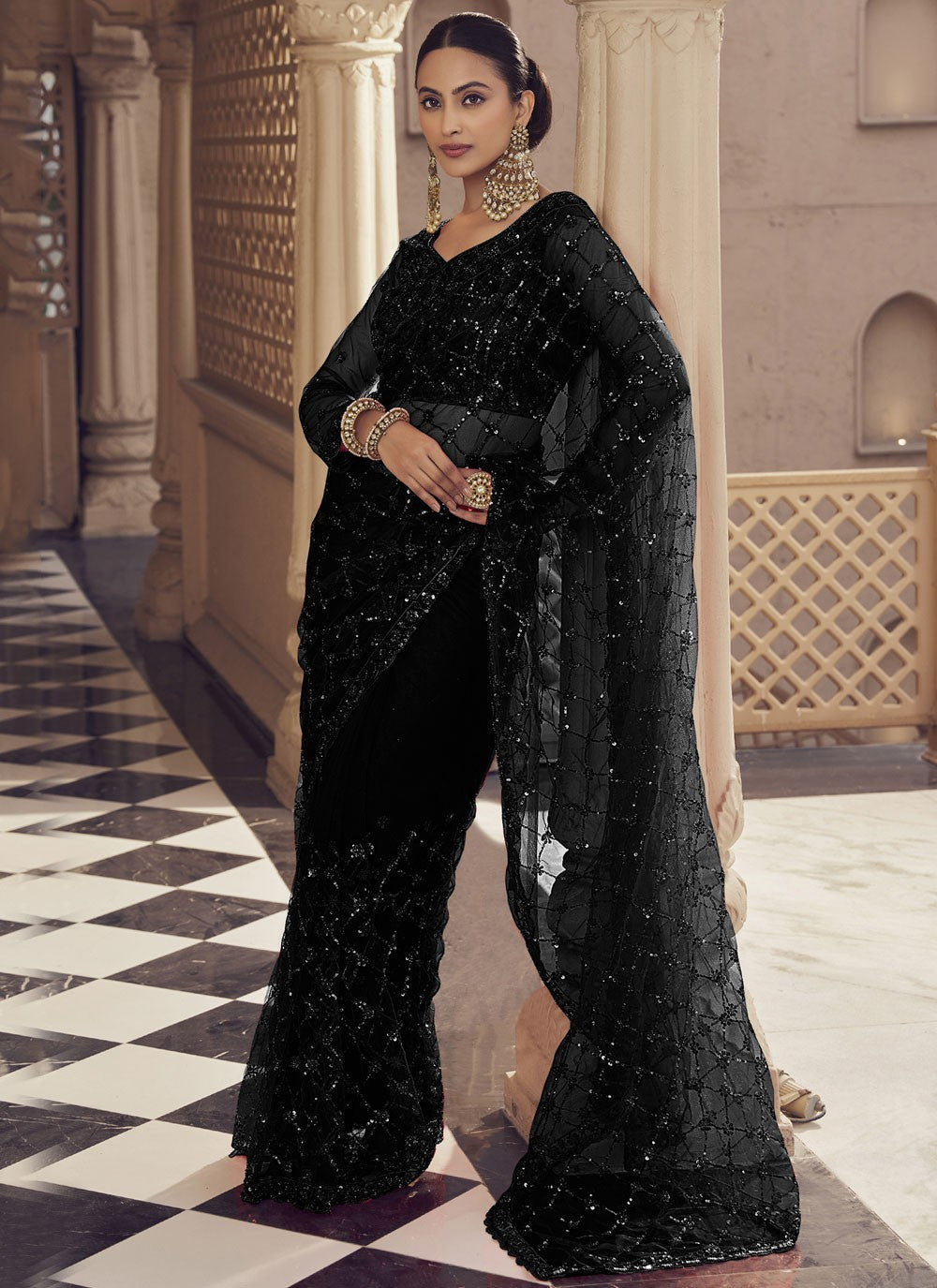 Contemporary Beads Black Net Saree S12486