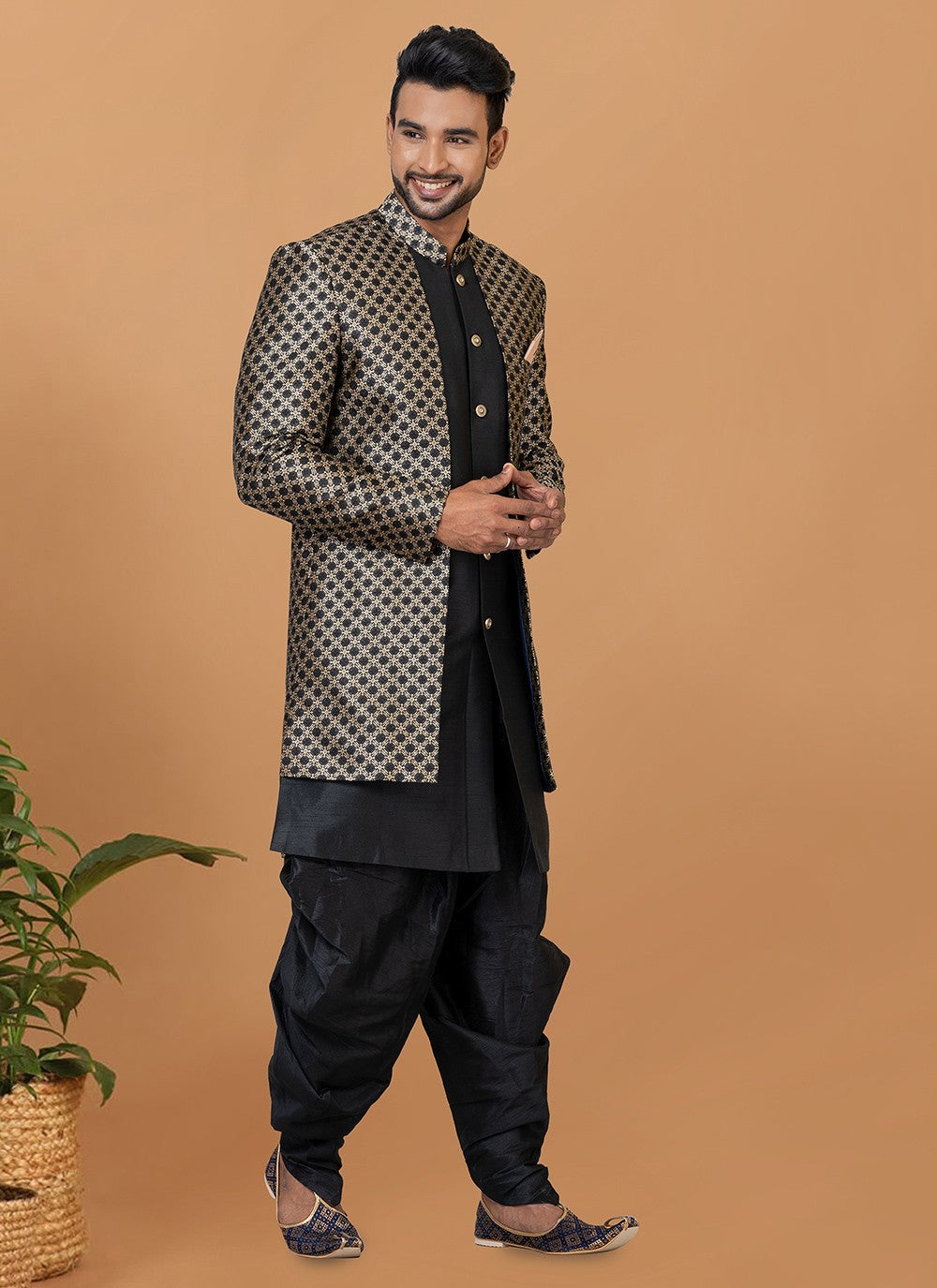 Fancy Work Dupion Silk, Jacquard Silk Black Indo Western Sherwani - M5993
